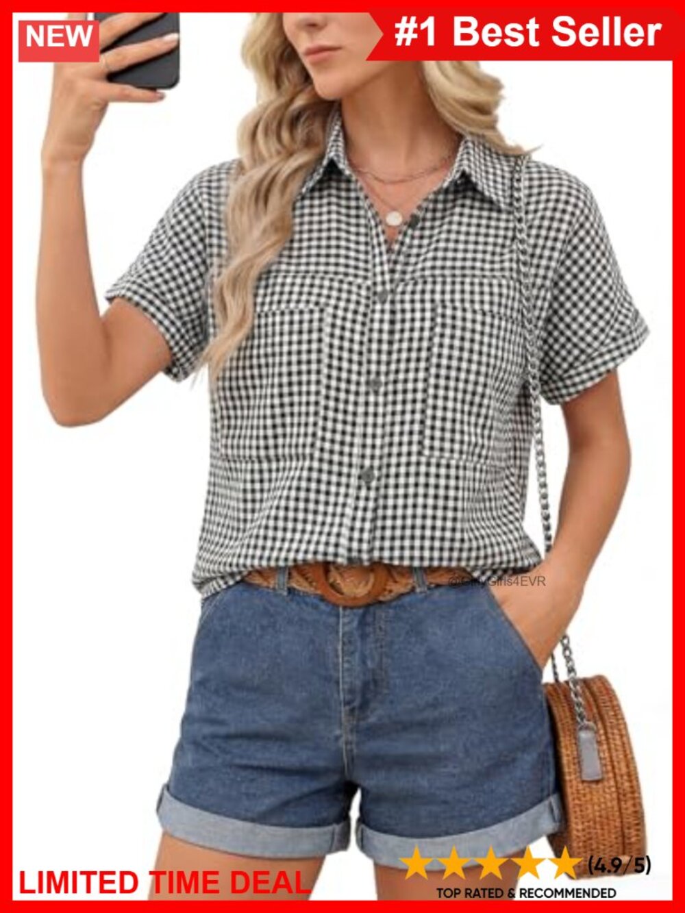 Womens Short Sleeve Button Down Gingham Tunic Blouse Pockets